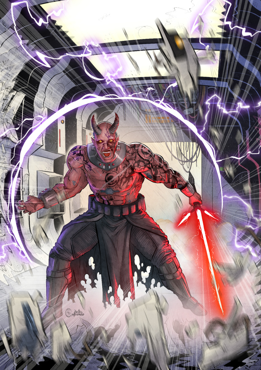 1boy, alien, belt, beto_miranda, black_belt, black_boots, black_pants, boots, bracelet, crossguard_lightsaber, debris, devaronian, energy_sword, highres, holding, holding_sword, holding_weapon, horns, jewelry, lightning, lightsaber, motion_blur, open_mouth, pants, red_lightsaber, signature, sith, smoke, solo, star_wars, sword, tattoo, teeth, topless_male, weapon, yellow_eyes