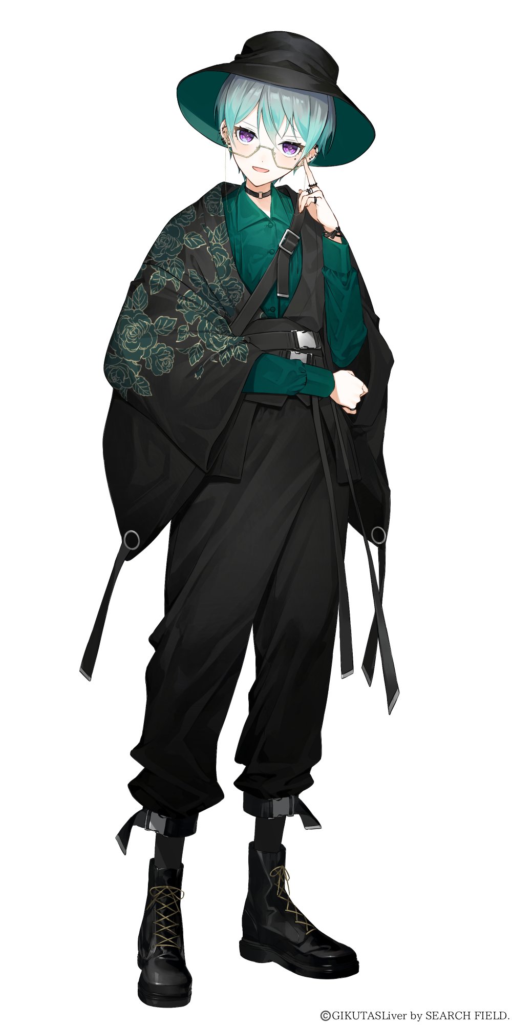 1girl, :d, adjusting_eyewear, alternate_costume, aqua_hair, arm_out_of_sleeve, bag, belt