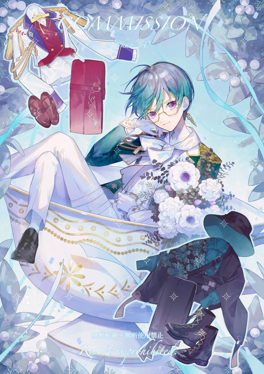 1girl, aiguillette, anemone_(flower), aqua_hair, belt, belt_buckle, black_shoes, bouquet, buckle, buttons, closed_mouth, commission, copyright_notice, crossed_legs, cup, double-breasted, earclip, earrings, floating_earrings, flower, foot_out_of_frame, gem, gikutas_liver, gloves, gold_trim, gradient_hair, green_gem, green_jacket, grey_hair, hair_between_eyes, hat, head_rest, hexagonal_eyewear, highres, holding, holding_bouquet, in_container, in_cup, jacket, jewelry, kao_o0, lapel_pin, lapels, leaf, long_sleeves, looking_at_viewer, mole, mole_under_eye, multicolored_hair, neckerchief, notched_lapels, official_alternate_costume, official_art, pants, purple_eyes, reverse_trap, rose, sea_ryokunoki, semi-rimless_eyewear, shirt, shoes, short_hair, sitting, sleeve_cuffs, smile, socks, solo, tassel, teacup, thigh_strap, under-rim_eyewear, unworn_clothes, unworn_hat, unworn_headwear, unworn_jacket, unworn_pants, unworn_shoes, virtual_youtuber, white_background, white_belt, white_flower, white_gloves, white_neckerchief, white_pants, white_rose, white_shirt, white_socks, yellow-framed_eyewear
