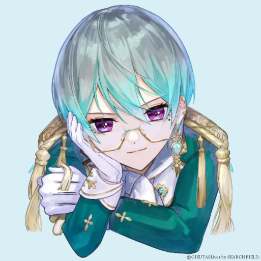 1girl, aiguillette, aqua_hair, blue_background, closed_mouth, copyright_notice, cropped_torso, earclip