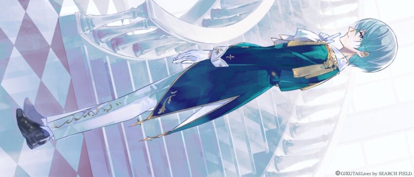 1girl, aqua_hair, black_footwear, checkered_floor, closed_mouth, copyright_notice, earclip, earrings