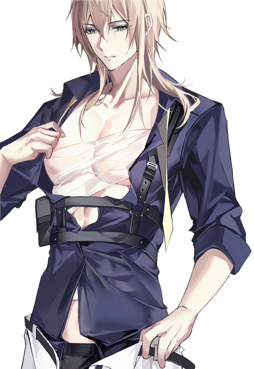 1boy, absurdres, alkaid_mcgrath, alkaid_mcgrath_(infinite_empire), bandaged_chest, blonde_hair, blue_shirt, boxers, collarbone, collared_shirt, garter_belt, green_eyes, hair_between_eyes, harness, highres, jiuchuansi, looking_down, lovebrush_chronicles, male_focus, male_underwear, male_underwear_peek, medium_hair, midriff_peek, necktie, pants, partially_unbuttoned, pectoral_cleavage, pectorals, pouch, shirt, simple_background, sleeves_rolled_up, solo, sweat, underwear, undone_necktie, undressing, upper_body, white_background, white_pants, yellow_necktie