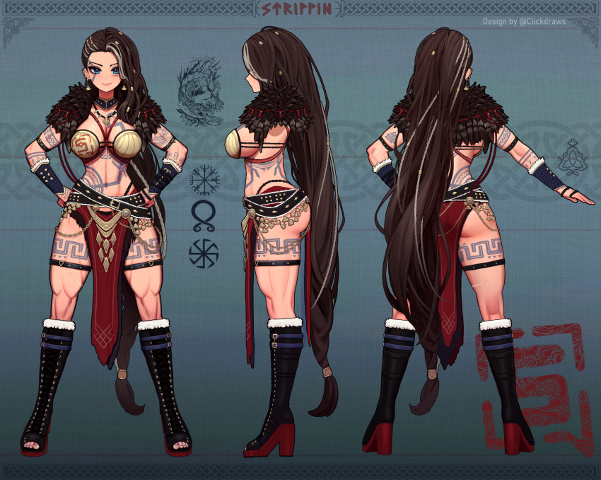 1girl, absurdres, arm_strap, arm_tattoo, asymmetrical_hair, belt, black_belt, black_footwear, blue_eyes, blue_nails, boots, bracer, braid, breasts, brown_hair, reference_sheet, chest_tattoo, clickdraws, closed_mouth, earrings, facial_tattoo, feather_capelet, full_body, fur-trimmed_boots, fur_trim, grey_hair, hands_on_own_hips, high_heel_boots, high_heels, highres, jewelry, knee_boots, large_breasts, leg_tattoo, long_hair, multicolored_hair, multiple_belts, multiple_views, muscular, muscular_female, nail_polish, necklace, original, pelvic_curtain, runes, scar, scar_on_breasts, scar_on_stomach, stomach_tattoo, streaked_hair, tattoo, thigh_strap, toenail_polish, toenails, tooth_necklace, very_long_hair, warrior