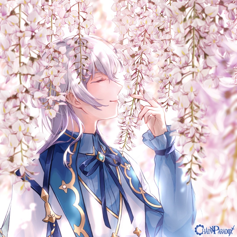 1boy, angora_hamasaki, blue_ribbon, blue_shirt, brooch, chain_paradox, closed_eyes, closed_mouth, collared_shirt, copyright_name, flower, frilled_sleeves, frills, from_side, gold_trim, hair_between_eyes, hand_up, jacket, jacket_on_shoulders, jewelry, larme_glycine, male_focus, medium_hair, neck_ribbon, pink_flower, profile, ribbon, shirt, smelling, smelling_flower, smile, solo, upper_body, vest, white_hair, white_jacket, white_vest, wisteria