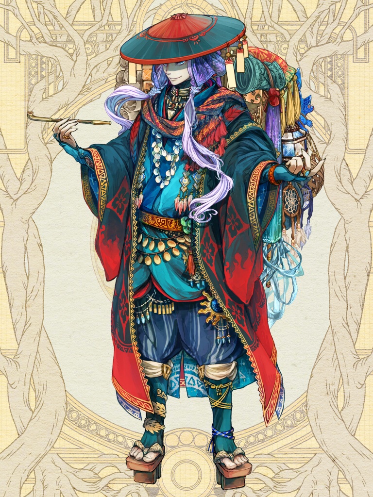 1boy, ajirogasa, angora_hamasaki, anklet, aqua_kimono, backpack, bag, black_coat