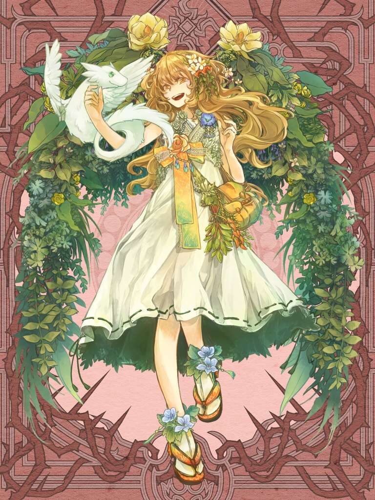 1girl, :d, angora_hamasaki, ankle_flower, arch, bag, blonde_hair, blue_flower