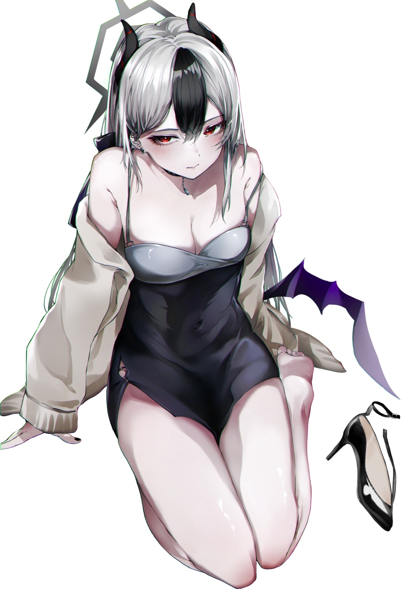 1girl, absurdres, black_choker, black_footwear, black_hair, black_horns, black_nails, black_ribbon