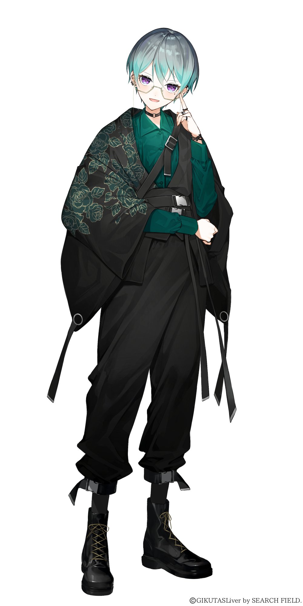 1girl, :d, adjusting_eyewear, alternate_costume, aqua_hair, arm_out_of_sleeve, bag, belt, black_belt, black_boots, black_choker, black_pants, black_socks, black_vest, boots, choker, copyright_notice, dress_shirt, ear_piercing, earclip, earrings, floral_print, full_body, gikutas_liver, gradient_hair, green_shirt, grey_hair, hair_between_eyes, haori, hexagonal_eyewear, highres, japanese_clothes, jewelry, kao_o0, lace-up_boots, long_sleeves, looking_at_viewer, mole, mole_under_eye, multicolored_hair, multiple_rings, official_art, open_mouth, pants, piercing, purple_eyes, reverse_trap, ring, rose_print, sea_ryokunoki, semi-rimless_eyewear, shirt, short_hair, shoulder_bag, simple_background, smile, socks, solo, standing, stud_earrings, tachi-e, under-rim_eyewear, vest, virtual_youtuber, white_background, wing_collar, wrist_belt, yellow-framed_eyewear