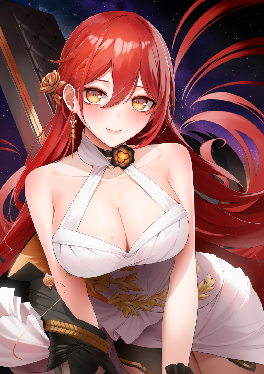 1girl, absurdres, aiguillette, bare_shoulders, black_choker, black_coat, blush, breasts