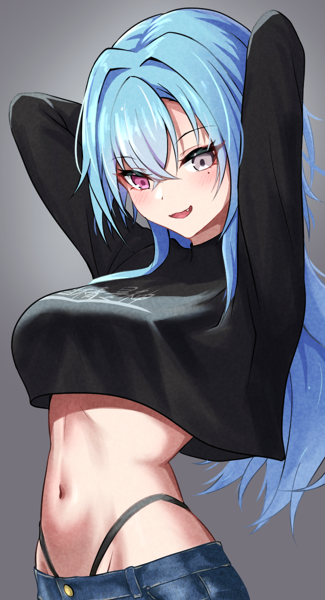 1girl, aogiri_koukou, arms_behind_head, black_panties, black_shirt, blue_hair, blue_pants, breasts, crop_top, denim, fang, grey_eyes, harusame_urame, heterochromia, highleg, highleg_panties, highres, jeans, kakubou, large_breasts, long_hair, midriff, mole, mole_under_eye, navel, open_mouth, panties, pants, pink_eyes, shirt, smile, solo, stomach, underwear, virtual_youtuber