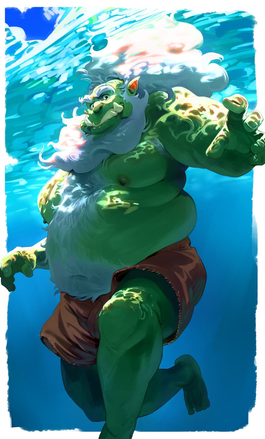 1boy, absurdres, armpit_hair, armpit_hair_peek, bara, beard, big_belly, body_fur, bog_(sharpysketch), colored_skin, facial_hair, fat, fat_man, feet_out_of_frame, floating_hair, full_beard, green_skin, hairy, highres, long_hair, male_focus, mature_male, monster_boy, navel, navel_hair, nipples, old, old_man, orc, original, pointy_ears, ross_(doodlrenzo), short_shorts, shorts, solo, stomach, swimming, thick_beard, thick_chest_hair, thick_eyebrows, thick_navel_hair, topless_male, tusks, underwater