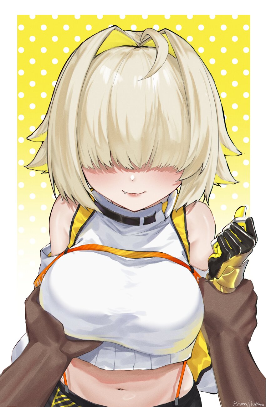 1boy, 1girl, :3, absurdres, ahoge, black_gloves, blonde_hair, breasts