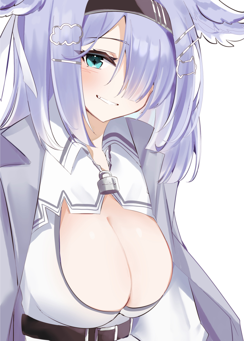 absurdres, belt, belt_buckle, black_belt, blue_eyes, blue_hair, breasts, buckle