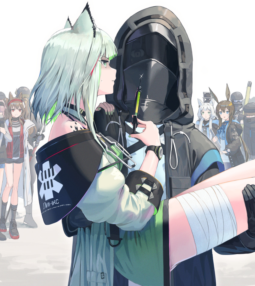 1other, 2boys, 6+girls, ambiguous_gender, amiya_(arknights), angelina_(arknights), animal_ears, arknights, ascot, bandaged_leg, bandages, black_footwear, black_gloves, black_headwear, black_jacket, black_shirt, black_shorts, black_socks, blue_ascot, blue_eyes, brown_hair, carrying, cat_ears, cat_girl, coat, colored_inner_hair, commentary_request, doctor_(arknights), dress, fox_ears, gloves, goggles, green_dress, green_eyes, green_hair, green_nails, hair_over_eyes, hairband, hand_on_another's_shoulder, helmet, highres, holding, holding_staff, holding_syringe, hood, hood_down, hood_up, hooded_jacket, jacket, jewelry, kal'tsit_(arknights), looking_at_another, material_growth, multicolored_hair, multiple_boys, multiple_girls, multiple_rings, open_clothes, open_jacket, oripathy_lesion_(arknights), partially_shaded_face, pi_(p77777778), pink_hair, princess_carry, rabbit_ears, rabbit_girl, red_eyes, red_hairband, red_jacket, reserve_operator_caster_(arknights), reserve_operator_medic_(arknights), reserve_operator_vanguard_(arknights), reserve_operator_sniper_(arknights), rhodes_island_medic_(arknights), ring, rosmontis_(arknights), shirt, shorts, socks, sparkle, staff, stethoscope, sweatdrop, syringe, twintails, watch, white_background, white_coat, white_hair, wristwatch
