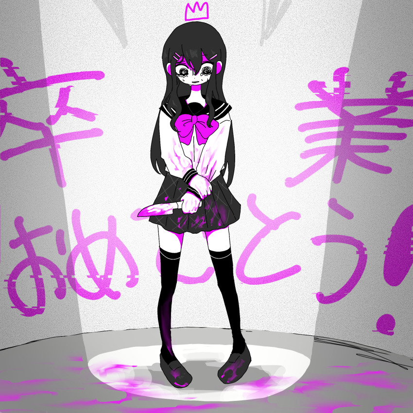 1girl, amenbo_a_kaina_aiueo, blood, bow, bowtie, crown_print, danganronpa:_trigger_happy_havoc, danganronpa_(series), full_body, highres, holding, holding_knife, knife, long_sleeves, looking_down, maizono_sayaka, miniskirt, pink_blood, pink_bow, pink_bowtie, sailor_collar, school_uniform, shirt, shoes, skirt, solo, standing, thighhighs, zettai_ryouiki