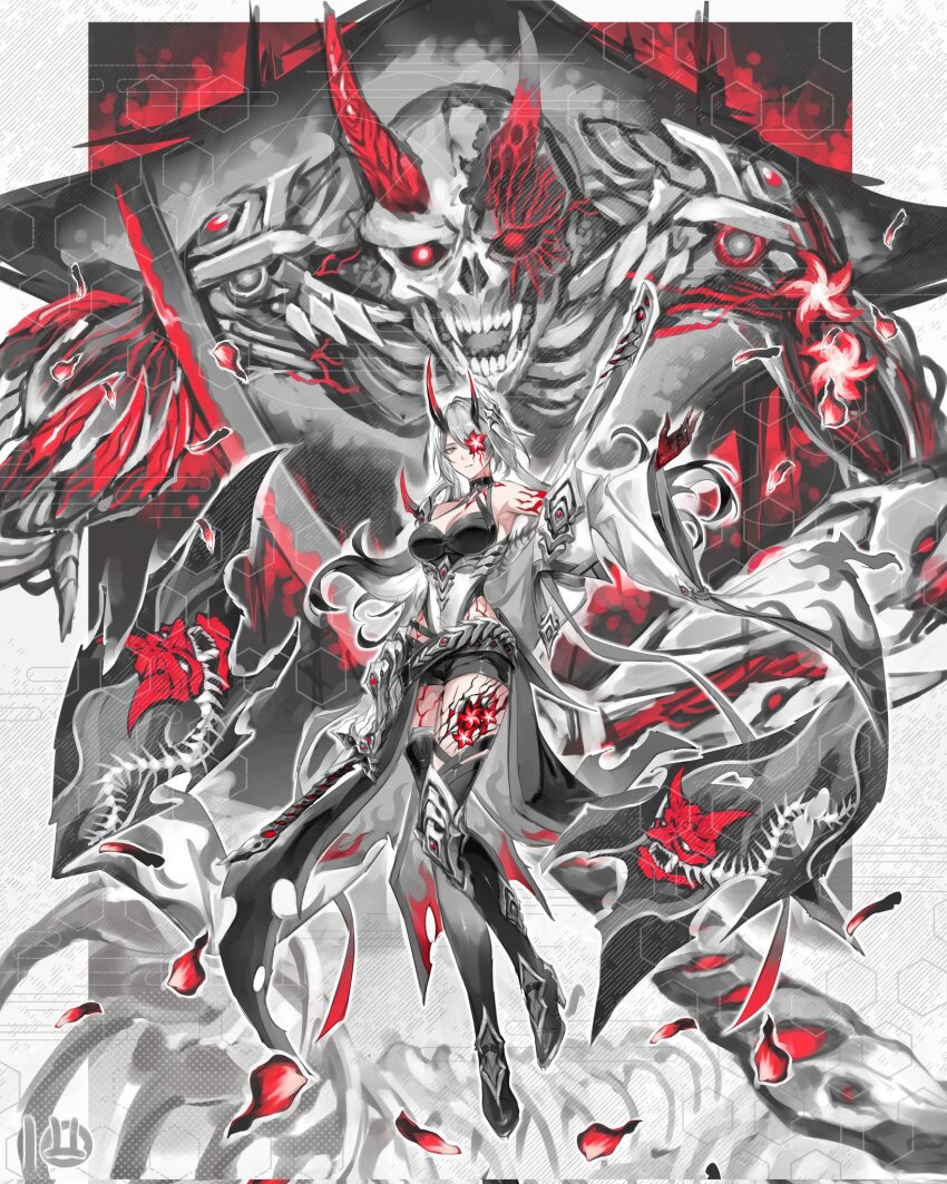 1girl, acheron_(honkai:_star_rail), alternate_color, bare_shoulders, black_footwear, black_gloves, black_shorts, boots, breasts, commentary_request, full_body, gloves, grey_hair, high_heel_boots, high_heels, highres, honkai:_star_rail, honkai_(series), horns, laksana_iman, large_breasts, long_hair, looking_at_viewer, off_shoulder, red_eyes, short_shorts, shorts, skeleton, thigh_boots, very_long_hair