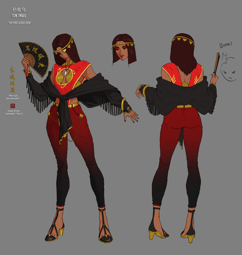 1girl, absurdres, black_scarf, blunt_ends, breasts, reference_sheet, circlet, cleavage_cutout