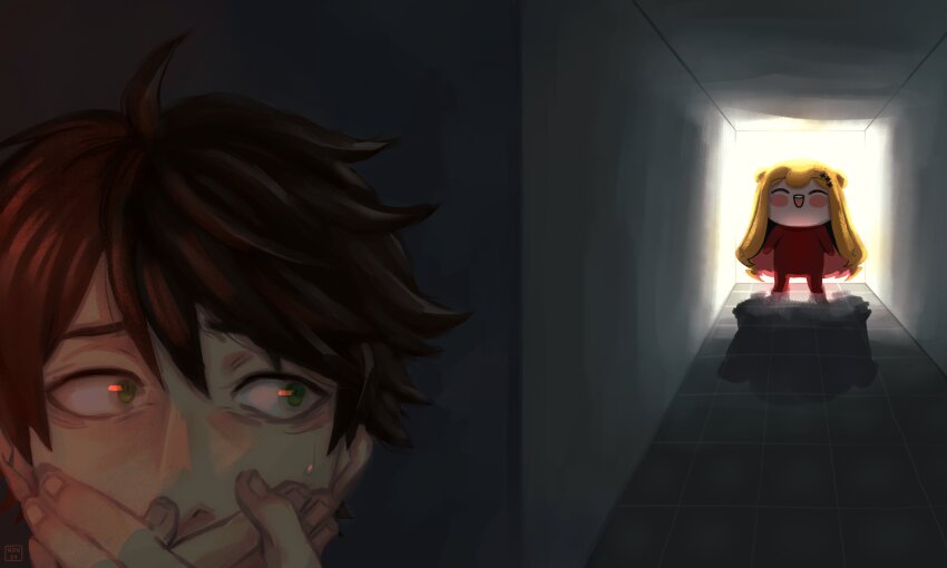 1boy, 1girl, :d, absurdres, backlighting, blonde_hair, blush_stickers, brown_hair