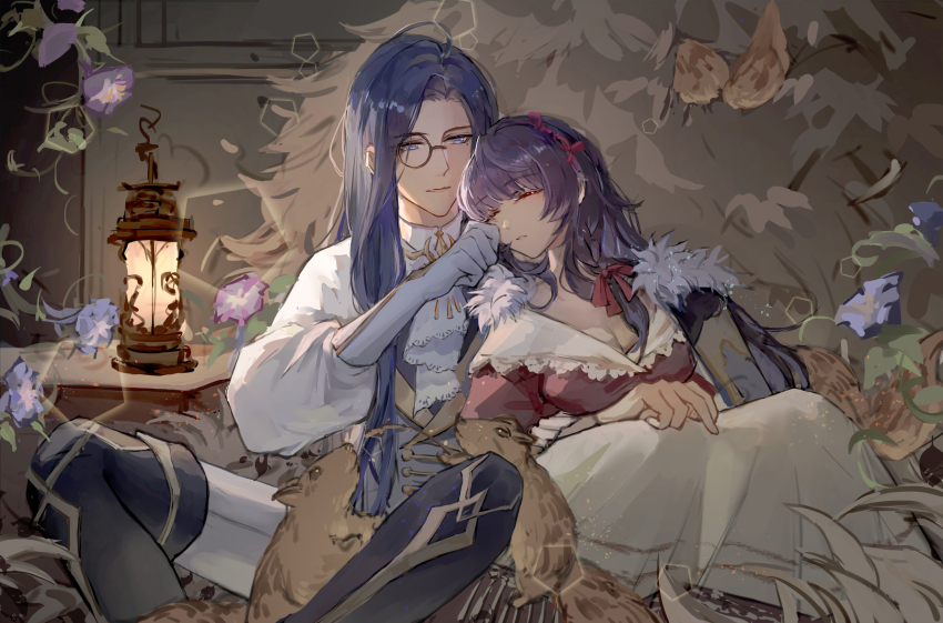 1boy, 1girl, ascot, black_cape, black_footwear, blanket, blue_eyes, blue_flower