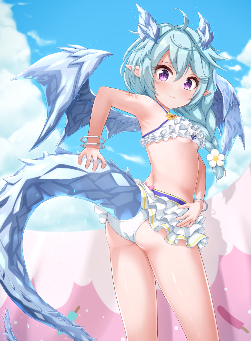1girl, absurdres, ass, bikini, blue_hair, blue_horns, blue_tail, blue_wings