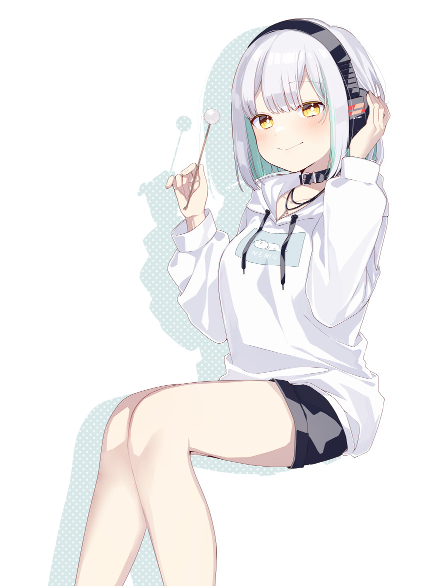 1girl, absurdres, black_shorts, breasts, closed_mouth, drawstring, drop_shadow, feet_out_of_frame