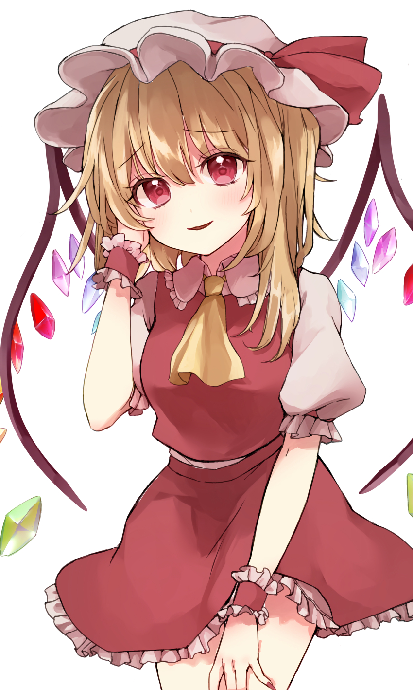 1girl, absurdres, blonde_hair, chalc0, crystal_wings, dress, flandre_scarlet, hat
