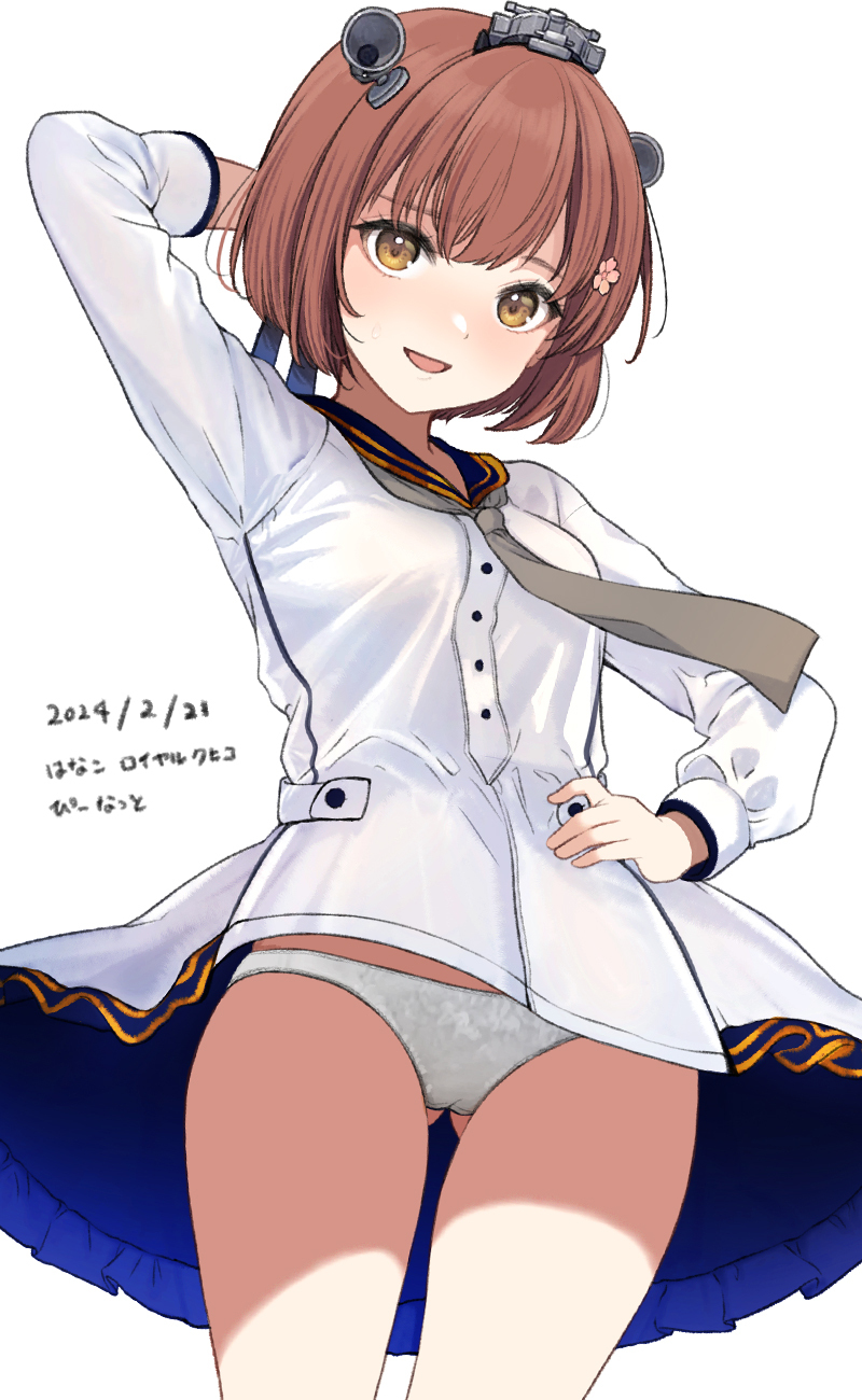 1girl, arm_behind_head, arm_up, brown_eyes, brown_hair, cherry_blossom_print, cherry_hair_ornament, clothes_lift