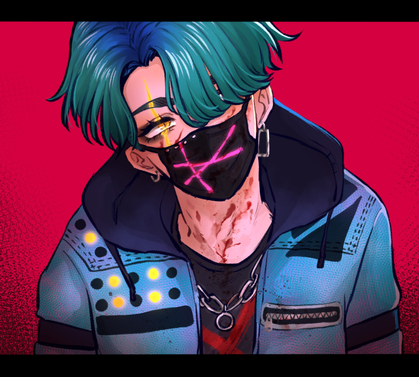 1boy, animification, aqua_hair, black_hoodie, blood, blue_jacket, chain, dead_by_daylight