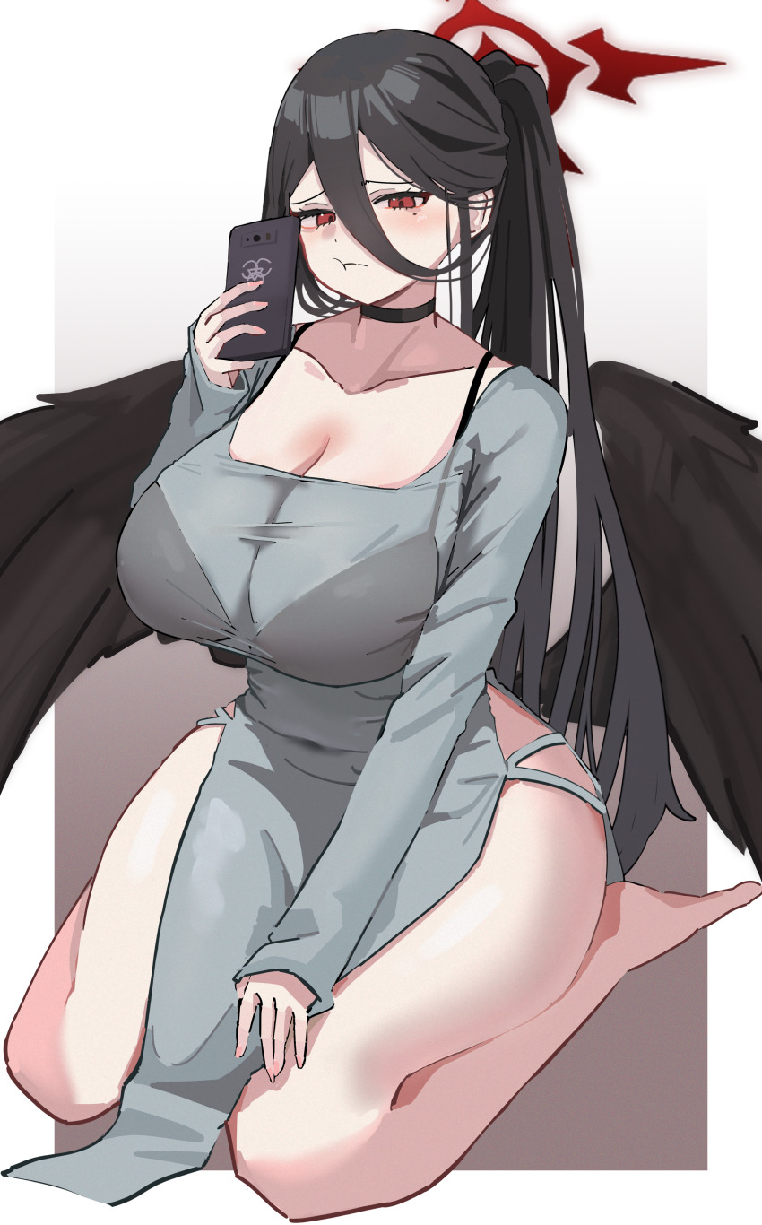 1girl, :t, absurdres, alternate_costume, bare_legs, barefoot, black_bra, black_choker, black_hair, black_wings, blue_archive, bra, bra_strap, breasts, cellphone, choker, cleavage, collarbone, dress, feathered_wings, fingernails, gradient_background, grey_dress, hair_between_eyes, halo, hasumi_(blue_archive), highres, holding, holding_phone, huge_breasts, i3eancurd, long_hair, long_hair_between_eyes, mole, mole_under_eye, pelvic_curtain, phone, ponytail, pout, red_eyes, red_halo, seiza, simple_background, sitting, solo, underwear, very_long_hair, wings
