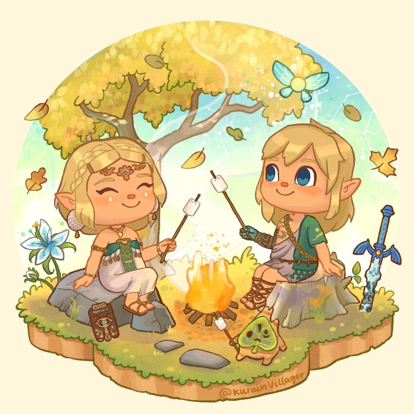 1boy, 1girl, ^_^, archaic_set_(zelda), arm_support, armlet, artist_name, belt, blonde_hair, blue_eyes, blue_flower, blue_sky, blush, border, bracelet, braid, brown_belt, brown_footwear, bud, campfire, chibi, circlet, closed_eyes, closed_mouth, commentary, constellation, crown_braid, dress, earrings, english_commentary, facial_mark, fairy, falling_leaves, fire, flower, food, gladiator_sandals, gradient_sky, grass, green_dress, green_sky, green_tunic, hair_ornament, hairclip, hand_up, happy, highres, holding, holding_stick, jewelry, korok, kurain_villager, leaf, link, looking_at_another, magatama, magatama_necklace, maple_leaf, marshmallow, master_sword, medium_hair, necklace, nintendo, oak_leaf, on_rock, ophiuchus_(constellation), parted_bangs, phoenix_(constellation), planted, planted_sword, planted_weapon, pointy_ears, princess_zelda, rock, round_border, sandals, serpens_caput_(constellation), sheikah_slate, short_hair, sidelocks, silent_princess, single_braid, sitting, on_tree_stump, sky, smile, smoke, star_(symbol), stick, strapless, strapless_dress, sword, tattoo, teardrop_facial_mark, the_legend_of_zelda, the_legend_of_zelda:_tears_of_the_kingdom, tree, tree_stump, tunic, twitter_username, weapon, white_dress, yellow_border