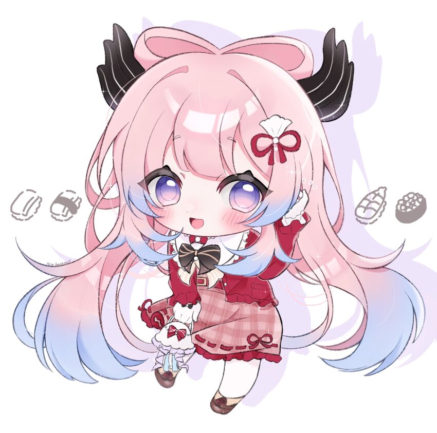 1girl, amimia_zaxtuta, bag, belt, black_bow, blue_hair, bow, bow-shaped_hair