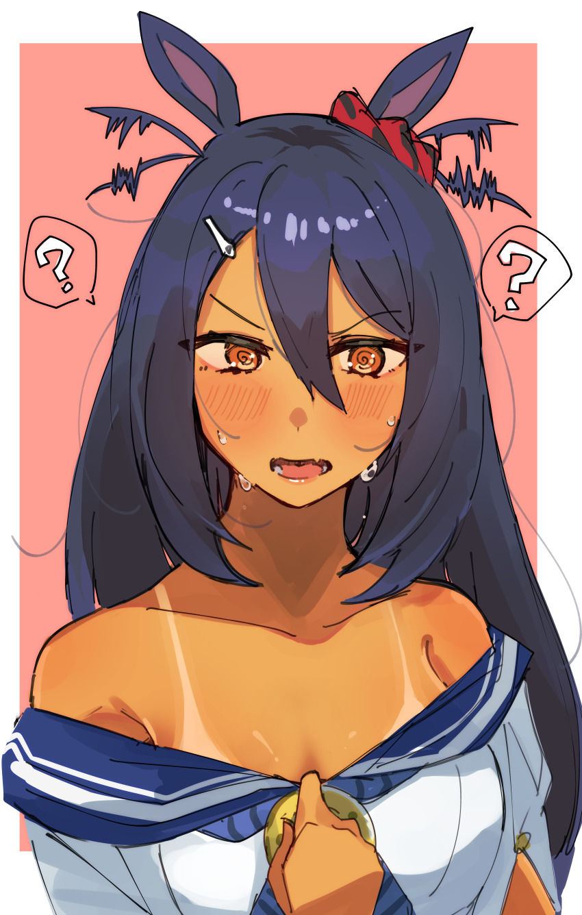 1girl, ?, @_@, absurdres, animal_ears, arlcn_(arlcn_1115), bare_shoulders, blue_hair, blush, border, brown_eyes, collarbone, commentary_request, dark-skinned_female, dark_skin, ear_ornament, ear_scrunchie, hair_between_eyes, highres, hishi_amazon_(umamusume), horse_ears, horse_girl, long_hair, looking_at_viewer, off-shoulder_shirt, off_shoulder, pink_background, red_scrunchie, scrunchie, shirt, simple_background, solo, spoken_question_mark, tan, tanline, umamusume, upper_body, white_border, white_shirt