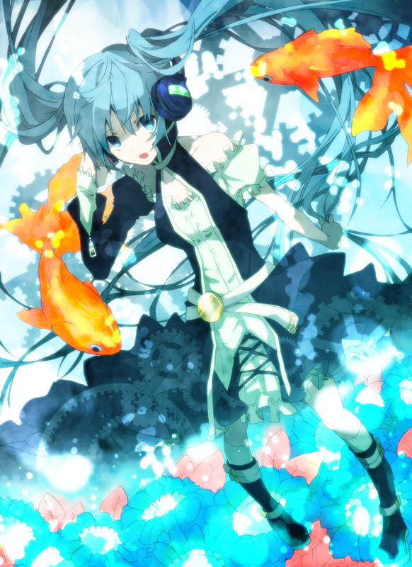 1girl, blue_eyes, blue_hair, detached_sleeves, dress, female_focus, fish, flower