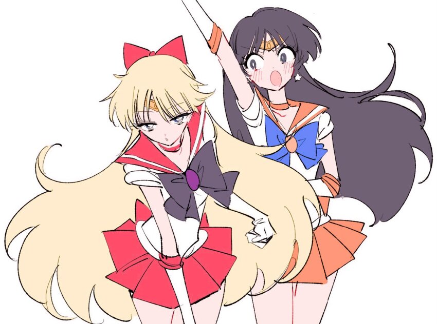 2girls, aino_minako, arm_up, bishoujo_senshi_sailor_moon, black_bow, black_bowtie, black_hair, blonde_hair