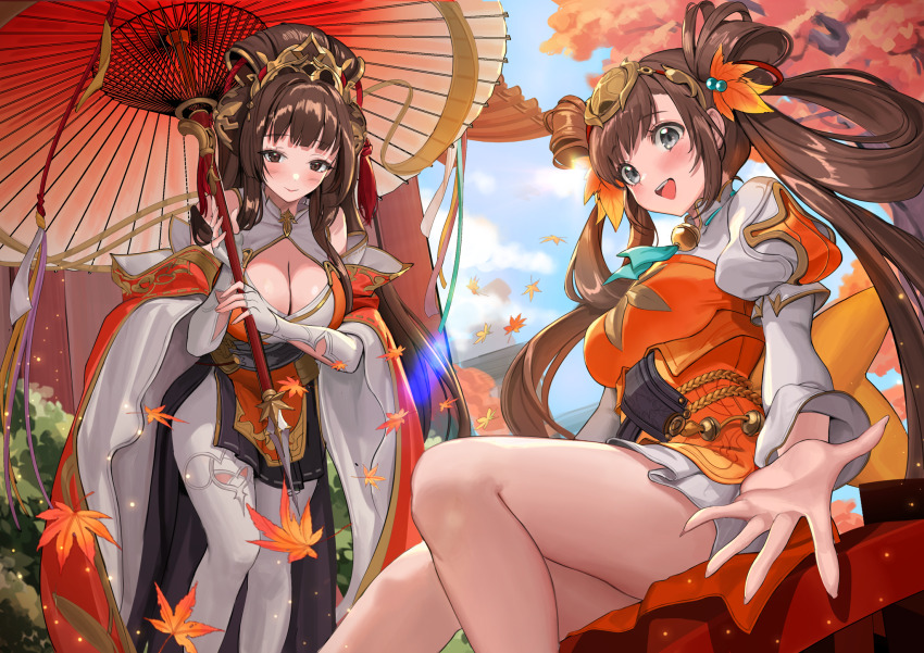 2girls, bare_legs, bell, black_kimono, blush, breasts, brown_eyes, brown_hair