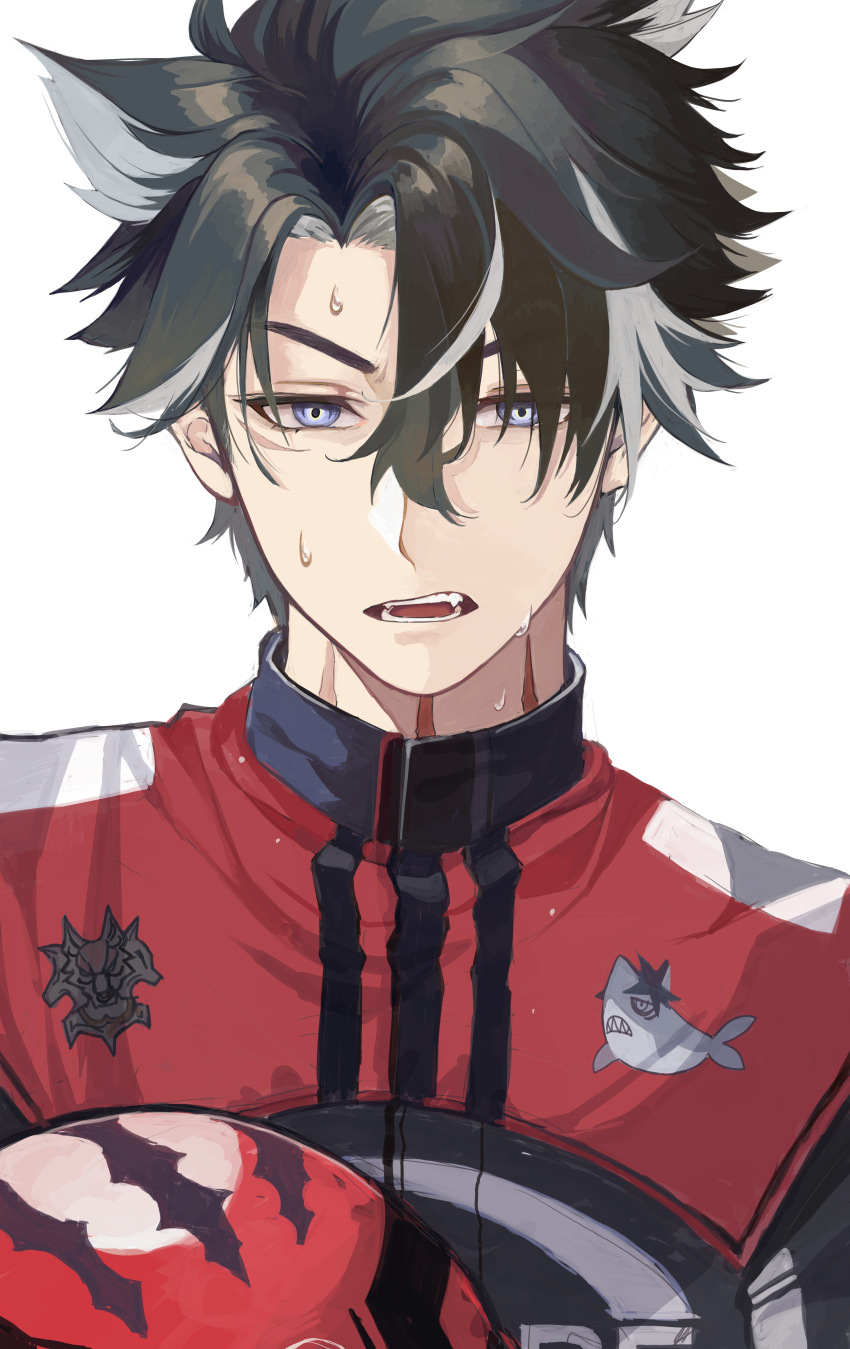 1boy, absurdres, black_hair, black_jumpsuit, blue_eyes, chikushi_azu, commentary_request, facial_scar