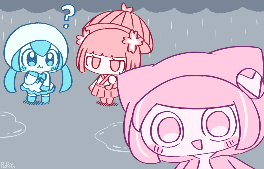 3girls, ?, amedama_(vocaloid), animal_hood, aqua_eyes, aqua_hair, aqua_ribbon, aqua_socks, aqua_trim, artist_name, blunt_bangs, blunt_ends, chibi, chibi_only, closed_mouth, colored_skin, dress, expressionless, hair_between_eyes, hair_ornament, hairpods, hatsune_miku, holding, holding_umbrella, hood, hooded_dress, hooded_jacket, jacket, japanese_clothes, kimono, leggings, long_hair, long_sleeves, looking_at_viewer, multiple_girls, neck_ribbon, no_eyebrows, no_pupils, no_shoes, open_clothes, open_jacket, open_mouth, pepoyo, pink_eyes, pink_hair, pink_jacket, poyopep, poyoroid, poyoroid_(mania), puddle, rain, red_eyes, red_hair, red_leggings, red_skirt, red_umbrella, ribbon, short_hair, skirt, smile, socks, swept_bangs, twintails, umbrella, utau, vocaloid, vy1, white_dress, white_skin