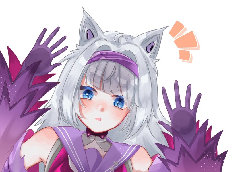 1girl, animal_ears, blue_eyes, detached_sleeves, gloves, grey_hair, hair_intakes, hairband