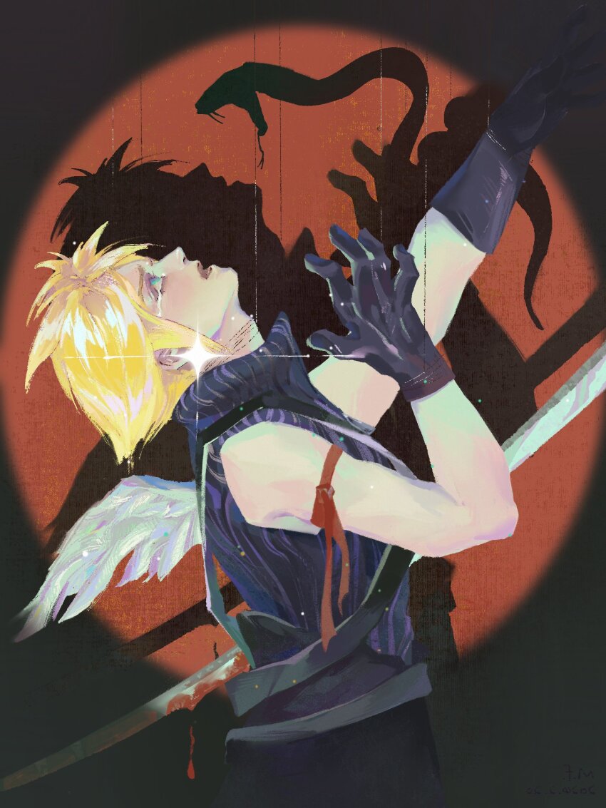 1boy, arashishadow15, arm_ribbon, arm_up, bdsm, blonde_hair, blood, bloody_weapon, blue_eyes, blue_sweater, bondage, bound, cloud_strife, commentary, crying, crying_with_eyes_open, different_shadow, drop_shadow, fangs, feathered_wings, final_fantasy, final_fantasy_vii, final_fantasy_vii:_advent_children, hands_up, hashtag-only_commentary, highres, injury, katana, looking_up, male_focus, open_mouth, puppet_strings, red_ribbon, ribbon, scared, short_hair, shoulder_strap, single_wing, sleeveless, sleeveless_turtleneck, snake, sparkle, spiked_hair, spotlight, stab, string, sweater, sword, tears, turtleneck, upper_body, weapon, white_wings, wings