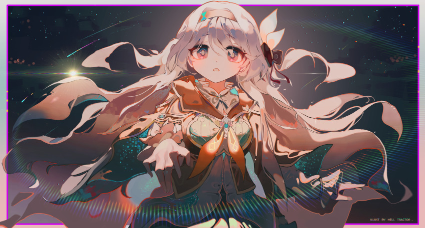 1girl, :o, absurdres, arm_at_side, artist_name, black_hairband, black_jacket, black_ribbon