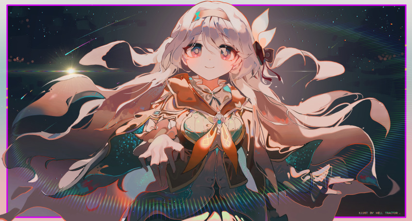 1girl, absurdres, arm_at_side, artist_name, black_hairband, black_jacket, black_ribbon, blue_eyes, blue_skirt, border, bow, chromatic_aberration, closed_mouth, collared_shirt, cowboy_shot, cropped_jacket, dot_nose, firefly_(honkai:_star_rail), floating_hair, hair_between_eyes, hair_bow, hair_intakes, hair_ribbon, hairband, highres, honkai:_star_rail, honkai_(series), jacket, long_hair, looking_at_viewer, multicolored_eyes, neckerchief, nizhenbang, orange_neckerchief, outside_border, pink_eyes, pleated_skirt, ribbon, shirt, shooting_star, sidelocks, skirt, smile, solo, two-tone_eyes, watermark, white_border, white_bow, white_hair, white_shirt