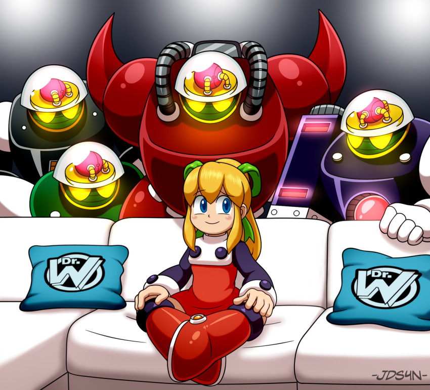 1girl, 4boys, blonde_hair, blue_eyes, boots, capcom, couch, dress, highres, imminent_gangbang, jodyinkfist, joints, loli, long_hair, looking_at_another, mega_man_(classic), mega_man_(series), meme, multiple_boys, pillow, piper_perri_surrounded_(meme), ponytail, ribbon, robot, robot_girl, robot_joints, roller_skates, sitting, sitting_on_couch, skates, smile, thighs