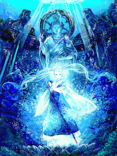 1girl, blue_hair, bubble, buddha, cyanblue, dress, female_focus, hatsune_miku