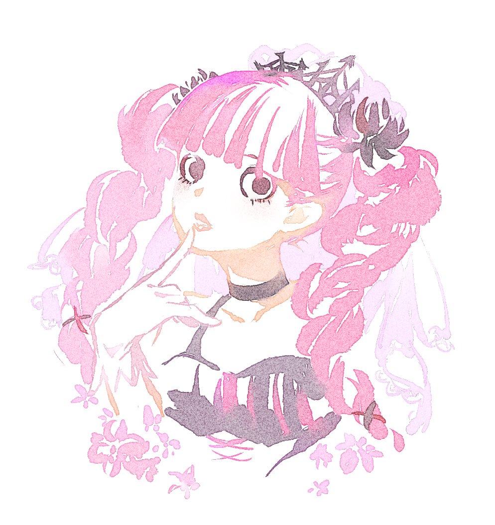 1girl, black_dress, black_eyes, blunt_bangs, braid, chinese_commentary, choker, commentary_request, dress, fish191101756, hair_ornament, one_piece, perona, pink_hair, simple_background, solo, twin_braids, twintails, upper_body, white_background