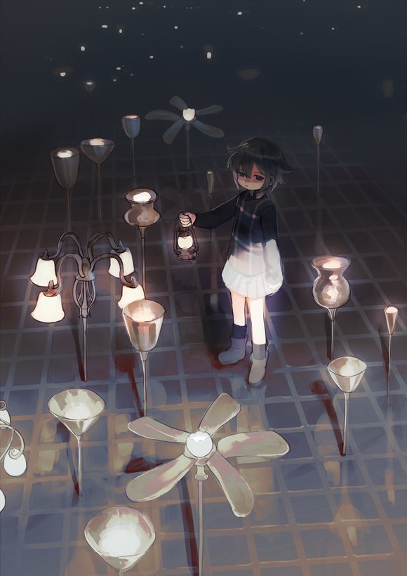 1girl, arm_at_side, black_eyes, black_socks, boots, brown_boots, ceiling, ceiling_fan