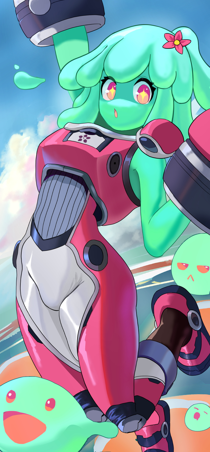 +_+, 1girl, :o, aqua_skin, armor, beach, blue_sky, bodysuit