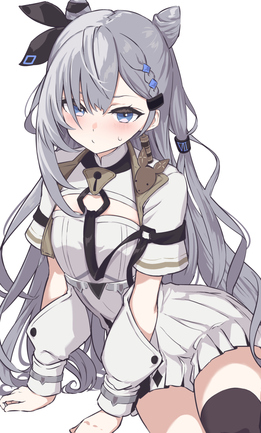 1girl, absurdres, black_bow, black_thighhighs, blue_eyes, bow, braid, breasts