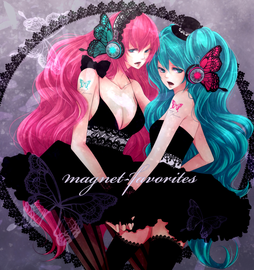 2girls, aqua_eyes, aqua_hair, bad_id, bad_pixiv_id, butterfly_hair_ornament, butterfly_wings, dress