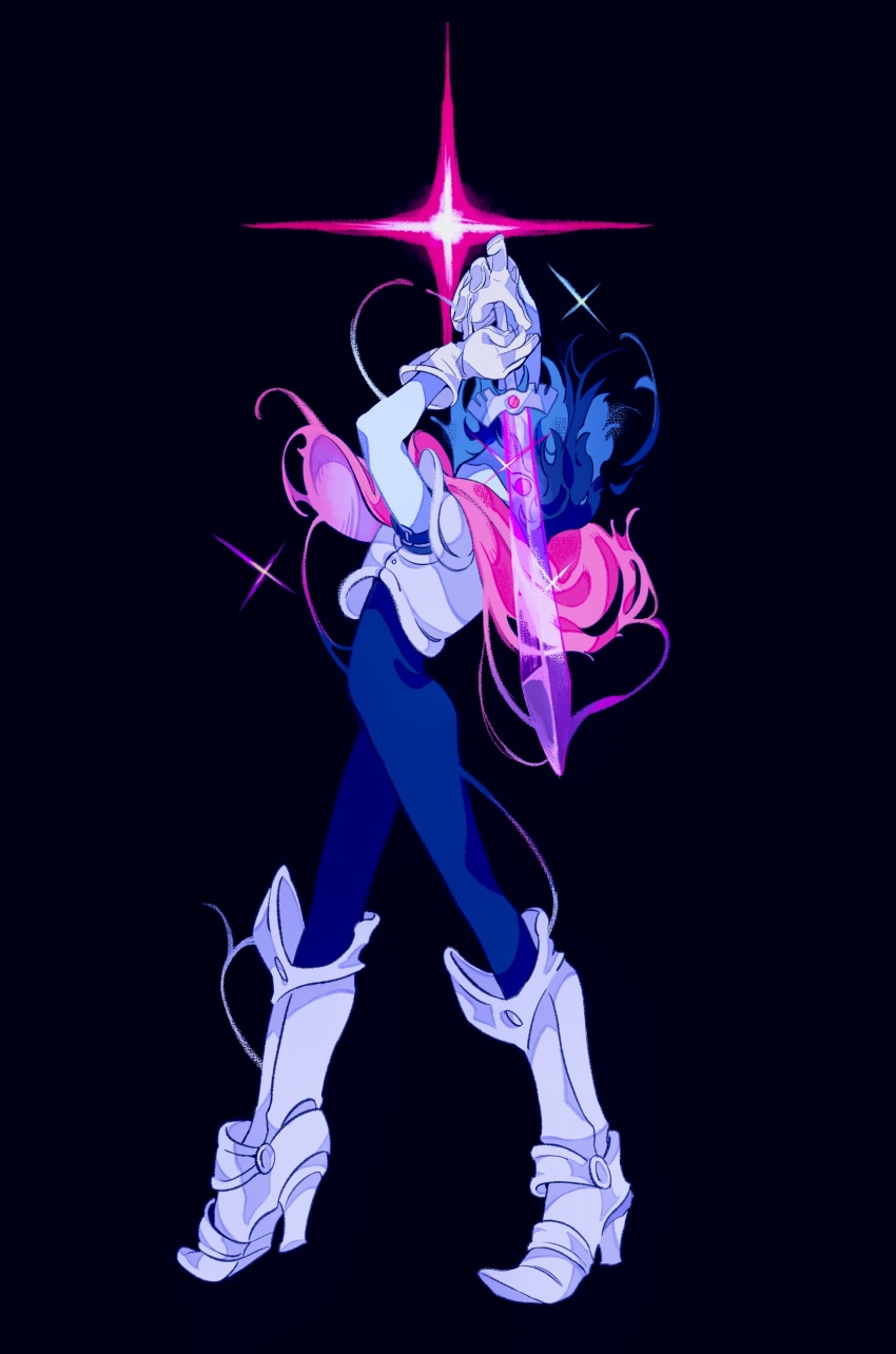 1other, absurdres, androgynous, armor, arms_up, blue_background, blue_bodysuit, blue_hair