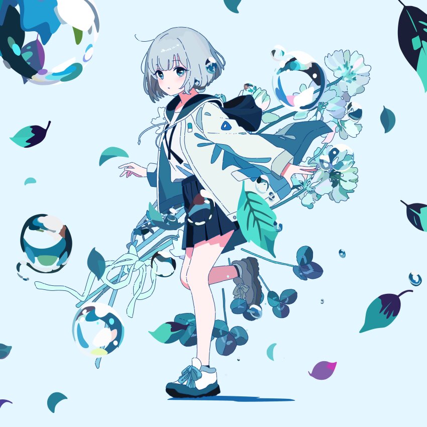 1girl, absurdres, black_ribbon, black_skirt, blue_background, blue_eyes, blue_flower, blue_shoes, blue_skirt, blue_theme, blunt_bangs, bob_cut, closed_mouth, clover, commentary_request, dot_mouth, drawstring, flower, from_side, full_body, grey_hair, highres, hood, hood_down, hooded_jacket, illmaticblue, jacket, leaf, leg_up, light_blue_jacket, long_sleeves, looking_to_the_side, neck_ribbon, no_nose, official_art, open_clothes, open_jacket, outstretched_arm, pleated_skirt, rainfall_(tuyu), ribbon, shadow, shirt, shirt_tucked_in, shoes, short_hair, simple_background, skirt, sleeve_cuffs, solo, standing, standing_on_one_leg, tuyu_(band), undone_neck_ribbon, water, water_drop, white_jacket, white_shirt, white_shoes